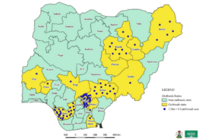 Map of Nigeria showing states and local government areas with yellow fever outbreak