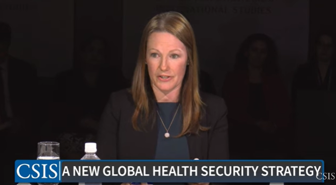 Stephanie Psaki speaking about global health security at a CSIS event