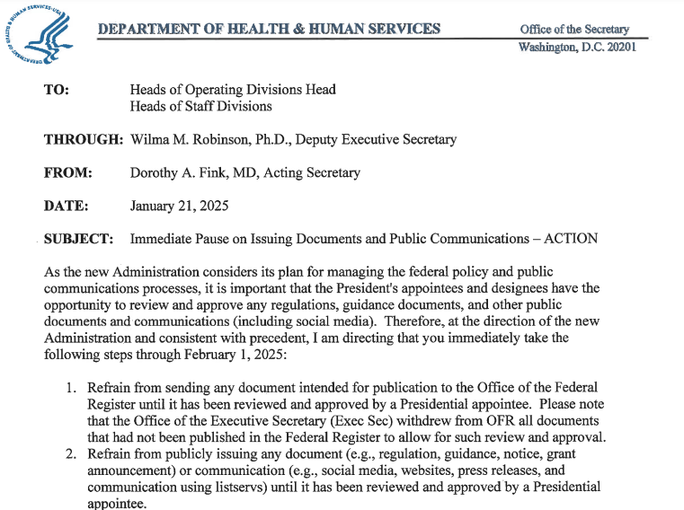 Trump administration's HHS communications halt Jan 2025