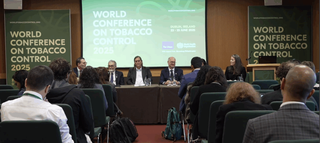 Bloomberg Philanthropies' Kelly Larso (centre) and WHO's Rűdiger Kretch address a media briefing on Monday.