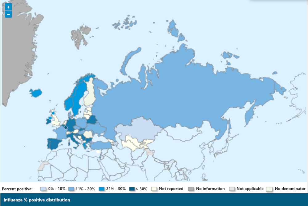 Map of the Influenza cases in the WHO/Europe region.