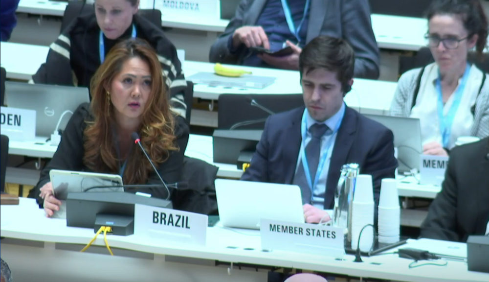 A medium shot of two delegates seated behind a desk labelled at a World Health Organization meeting. A woman with long reddish-brown hair is on the left, looking toward a speaker while holding a tablet.