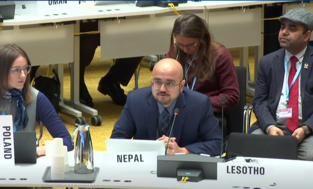 The delegate from Nepal addresses the WHO Executive Board during negotiations over the Global Action Plan on AMR. Nepal, alongside Ethiopia, successfully proposed a compromise to reopen specific talks on technology transfer rights before the World Health Assembly in May.