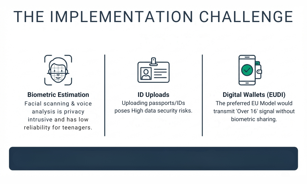Experts highlight significant hurdles in verifying age, ranging from privacy-intrusive biometric scanning and high-risk ID uploads to the proposed EU Digital Identity Wallet.