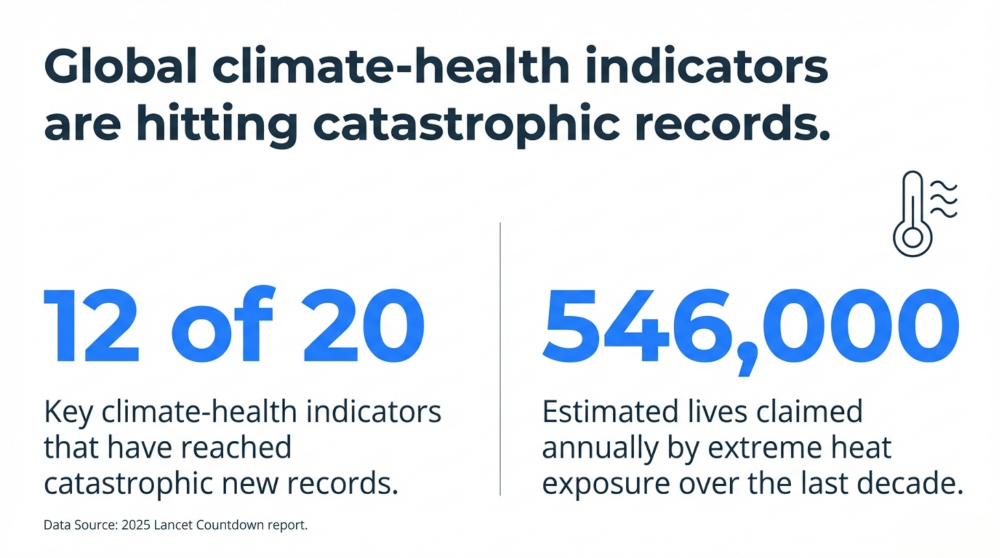 12 of 20 climate-health indicators are now at catastrophic levels, including a sharp rise in heat-related deaths globally.