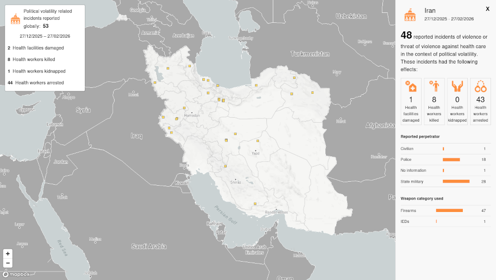 Data from Insecurity Insight's Health Map illustrates the toll of political volatility in Iran between late 2025 and early 2026.