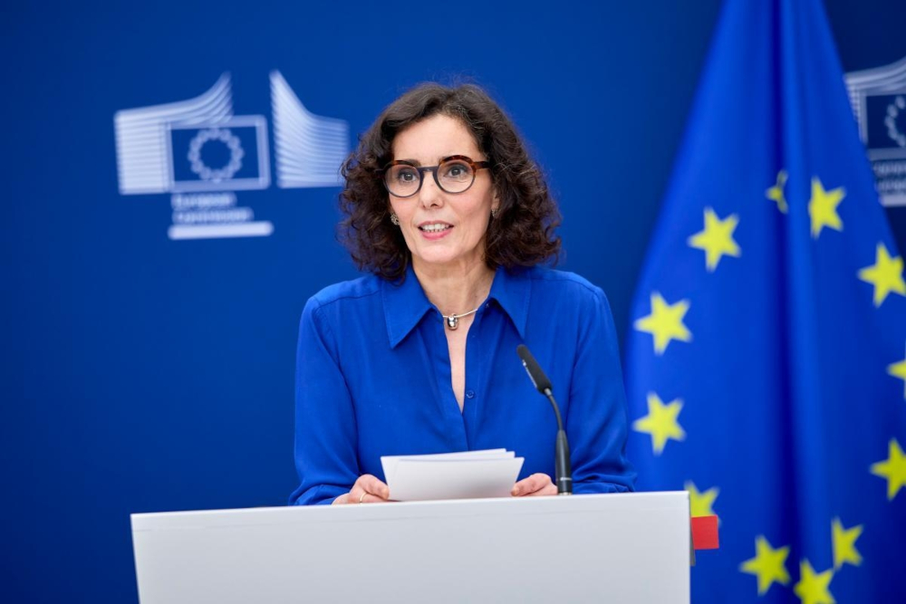 European Commissioner for Equality Hadja Lahbib addresses the press following the Commission's landmark decision on opening funds for access to safe abortions.