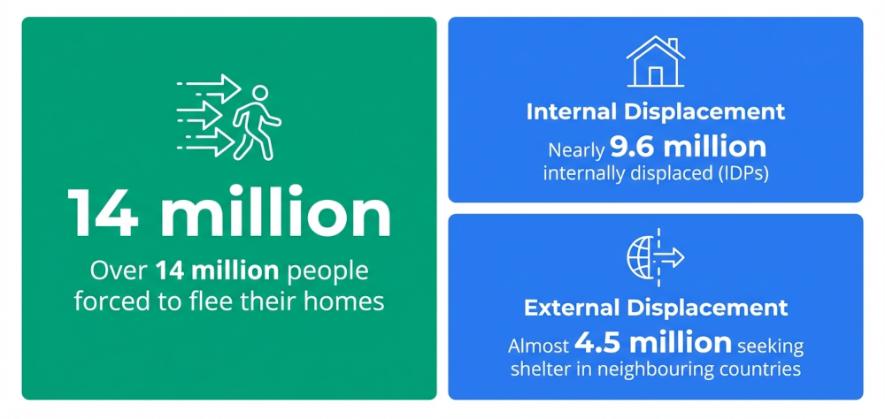 Over 14 million people have been forced to flee their homes in Sudan, creating one of the world's largest displacement crises.
