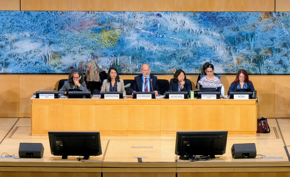 UN Special Rapporteur Astrid Puentes Riaño (third from left) presents her report to the Human Rights Council in Geneva, demanding accountability from air polluters.