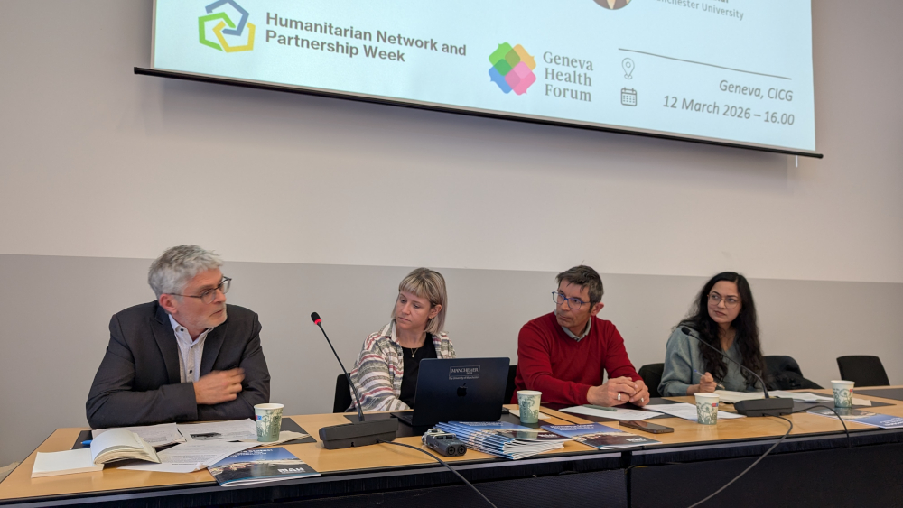 From left to right, panelists Sylvain Perron (MSF), Stéphanie Rinaldi (University of Manchester), Karl Blanchet (Geneva Centre of Humanitarian Studies), and Supriya Rao (ICRC) lead a discussion on attacks on healthcare.
