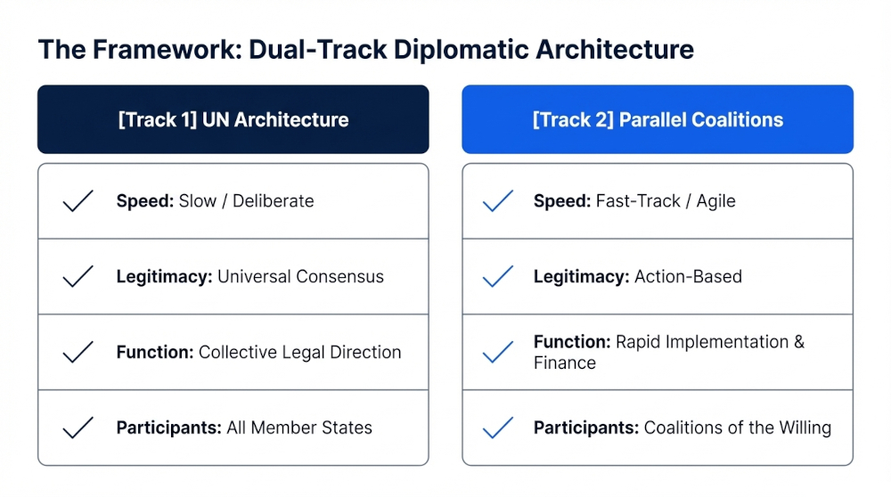 Two-speed multilateralism: Agile coalitions accelerate implementation, while universal consensus provides global legal legitimacy.