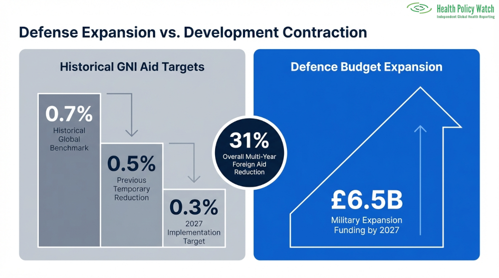 The UK aid budget is being significantly reduced to redirected billions toward a multi-year expansion of national military defense.