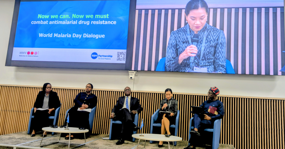 From left to right: Ambassador Fancy Too (Kenya), Ambassador Urujeni Bakuramutsa (Rwanda), Ambassador Arthur Kafeero (Uganda), Ambassador Pratana Disyatat (Thailand), and moderator Dr. Michael Adekunle Charles (RBM Partnership) lead a high-level dialogue in Geneva on the escalating threats of antimalarial drug resistance and the global malaria funding crisis.