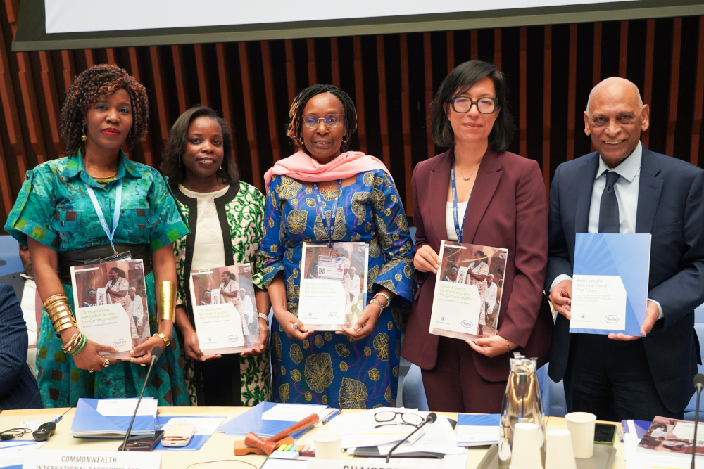 From left to right: Miriam Mutebi (Commonwealth International Cervical Cancer Taskforce), Sofiat Akinola (Roche Diagnostics), Janneth Mghamba (Commonwealth Secretariat), Jennifer Namgyal (Commonwealth Secretariat), Leslie Ramsammy (Chair, CHCF).