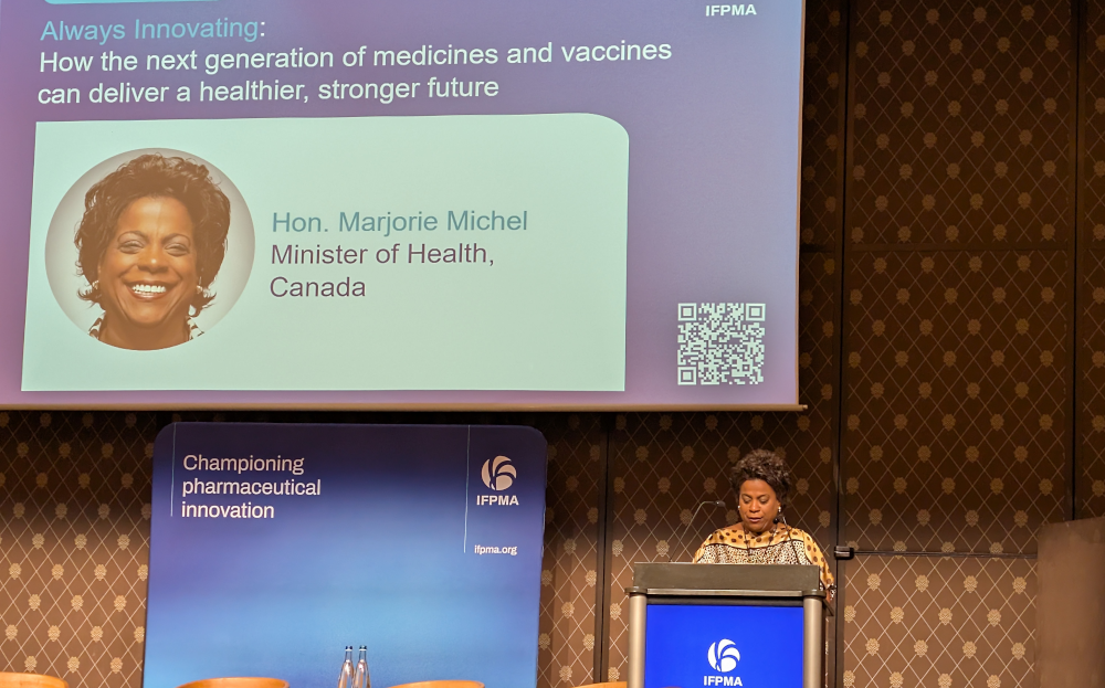 Canadian Minister of Health Marjorie Michel announces a $131 million public investment into the Pan-Canadian Pharmaceutical Alliance during the IFPMA event in Geneva.