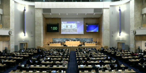 Delegates attend a Committee B meeting in the Assembly Hall at the Palais des Nations.