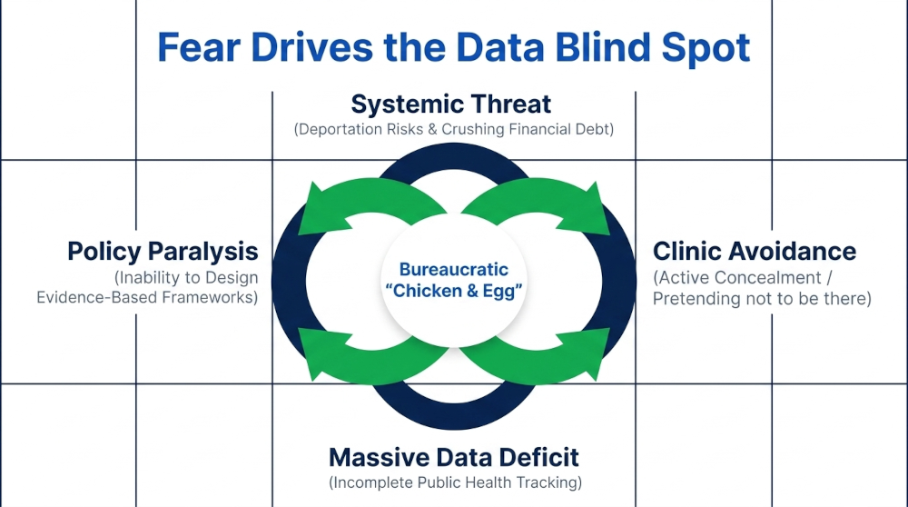  The bureaucratic "Chicken & Egg" cycle: financial burden and fear drive clinical avoidance, creating a data deficit that fuels policy paralysis. 