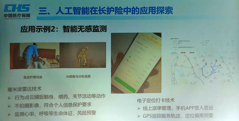 A presentation slide illustrates long-term care AI tracking systems, showcasing real-time algorithmic surveillance and GPS worker tracking.