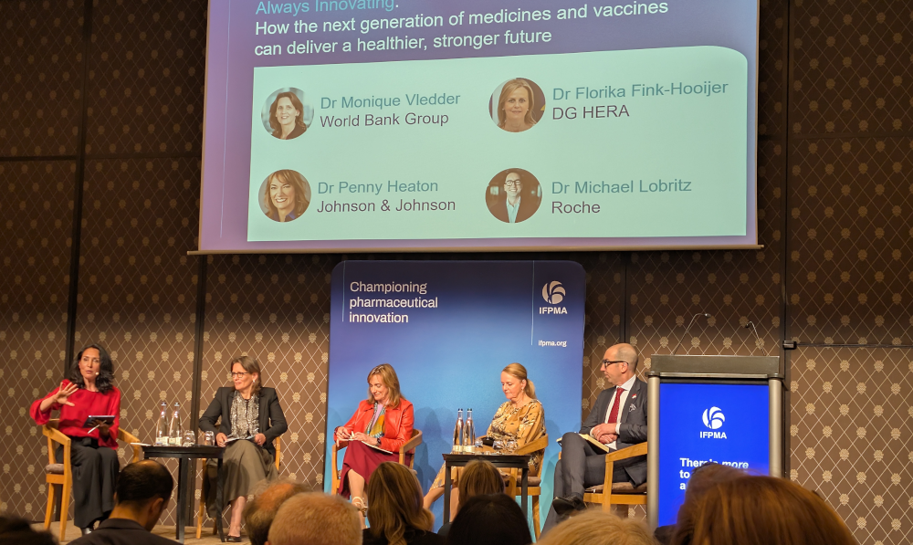 Global health leaders discuss strategic medical innovation with Isabel Kumar (moderator), Monique Vledder (World Bank), Penny Heaton (Johnson & Johnson), Florika Fink-Hooijer (EU HERA), and Michael Lobritz (Roche).