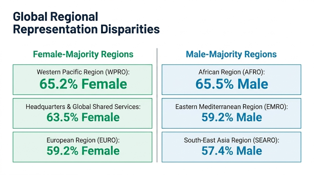 WHO regional gender disparities persist, with stark contrasts between female-majority Western offices and male-dominated Eastern regions.