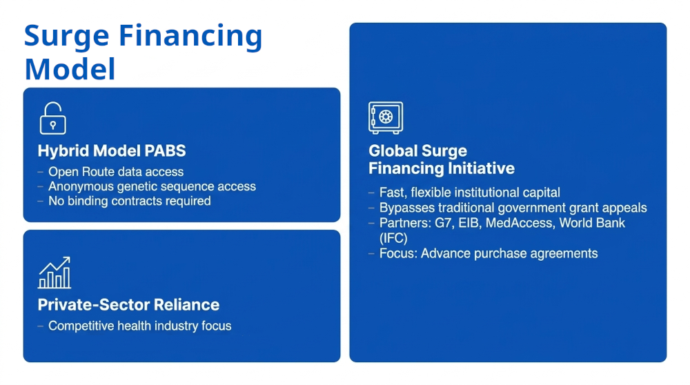 The surge financing model combines market-based capital, private-sector reliance, and a hybrid PABS system.