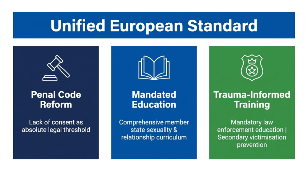The proposed European standard combines legal reform with mandatory education and trauma-informed training for law enforcement.