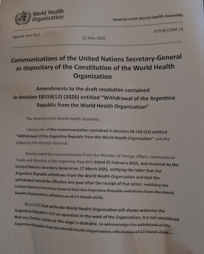 Draft resolution on Argentina’s WHO withdrawal request.