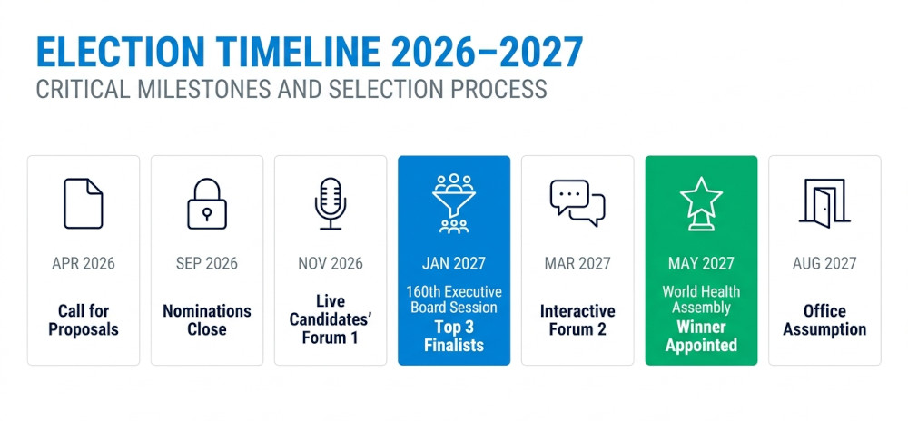 The official WHO DG election cycle for 2026–2027 traces the path from the initial call for nominations in April 2026 to the final appointment in May 2027. 