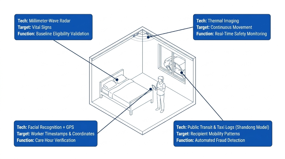 In-home sensors and biometric data monitor patients and care workers to ensure continuous algorithmic surveillance.