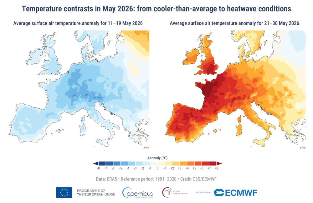 EU climate monitor Copernicus maps highlight severe extreme weather and heatwaves across Europe in May 2026.