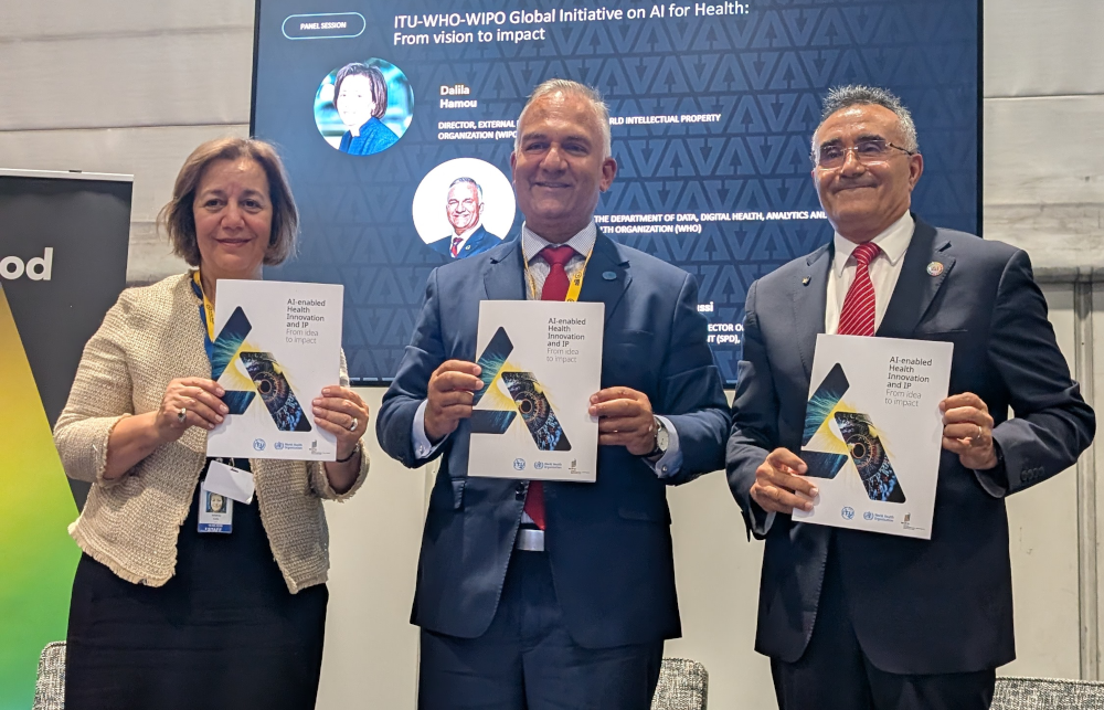 From left to right: Dalila Hamou (WIPO), Dr Alain Labrique (WHO), and Bilel Jamoussi (ITU) hold the newly launched joint strategic guidelines at the Artificial Intelligence for Good Global Summit in Geneva.