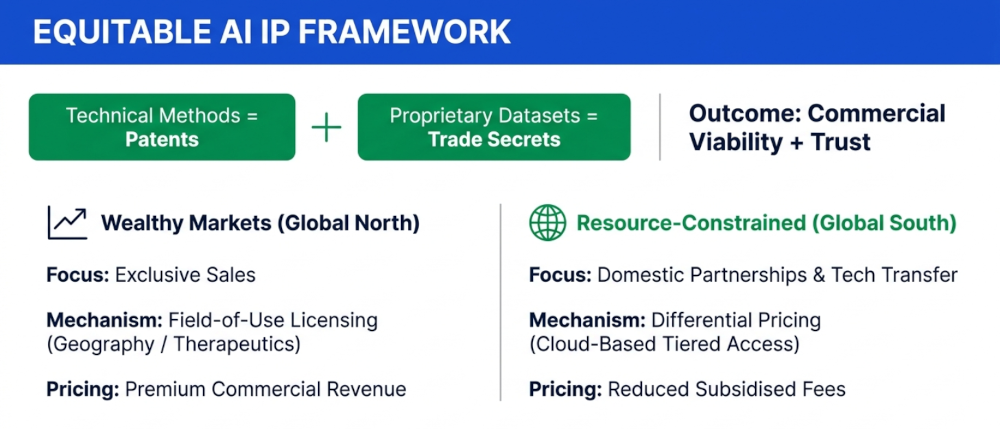 An equitable IP framework uses field-of-use licensing and tiered cloud access to bridge global disparities. 