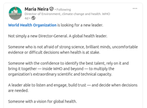 Maria Neira posted her WHO leadership vision on LinkedIn.