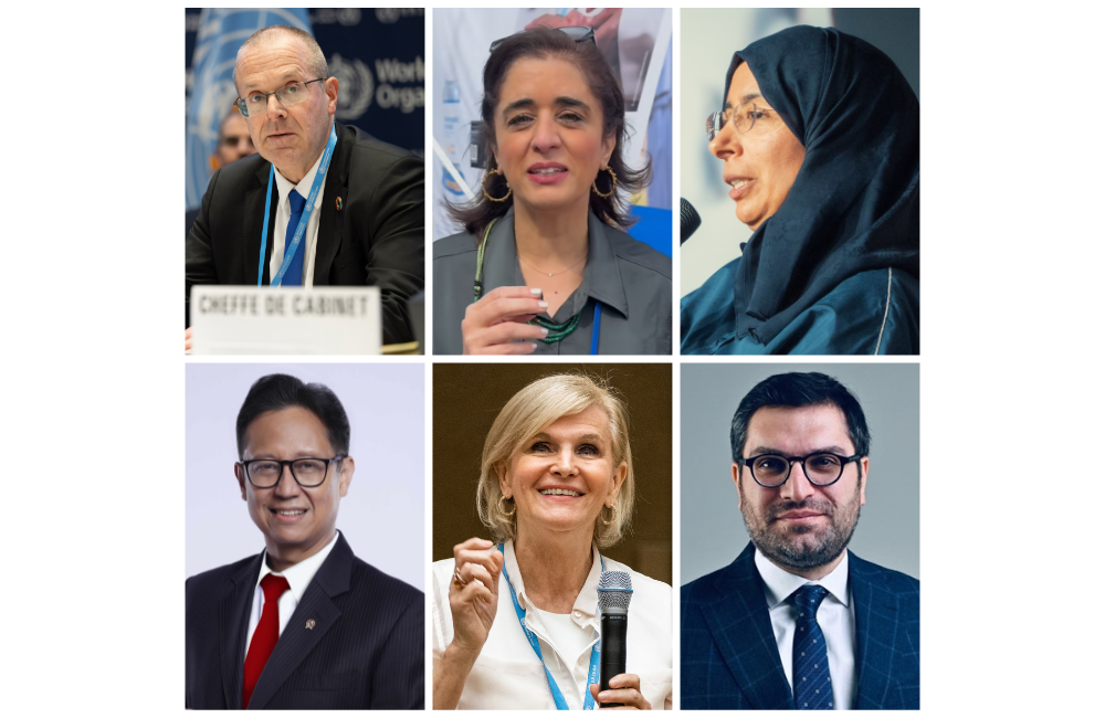 Declared contenders at the WHO nomination deadline. Top row: Hans Kluge, Hanan Balkhy, Hanan Al Kuwari. Bottom row: Budi Sadikin, María Neira, Gevorg Tamamyan.