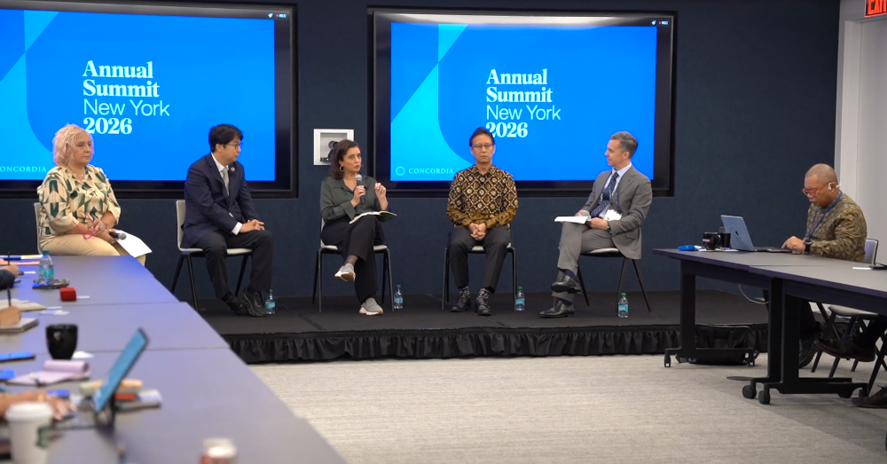 Dr Jiho Cha, Dr Hanan Balkhy speaking, and Minister Budi Gunadi Sadikin address a WHO election panel in New York.