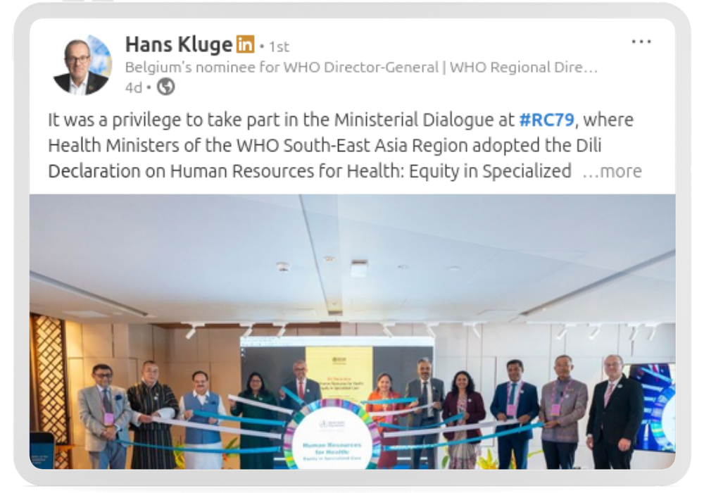 Kluge leverages multilateral forums like the South-East Asia Regional Committee to project a platform of participative dialogue and institutional consensus building.