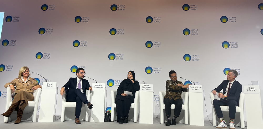 WHO Director-General candidate panel (left to right): María Neira, Gevorg Tamamyan, Hanan Al-Kuwari, and Budi Gunadi Sadikin address the World Health Summit in Berlin.