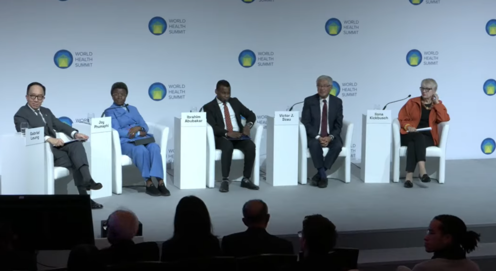 From left to right: Gabriel Leung (moderator), Joy Phumaphi, Ibrahim Abubakar, Victor J. Dzau, and Ilona Kickbusch discuss the GPMB’s findings at the World Health Summit in Berlin.