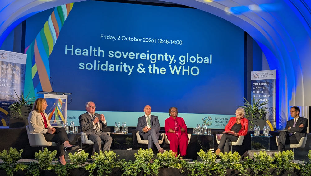Gastein closing podium on EU health policy with the panellists from left to right: Natasha Azzopardi Muscat, Martin Seychell, Chris Fearne, Magda Robalo, Ilona Kickbusch, and Ricardo Baptista Leite.