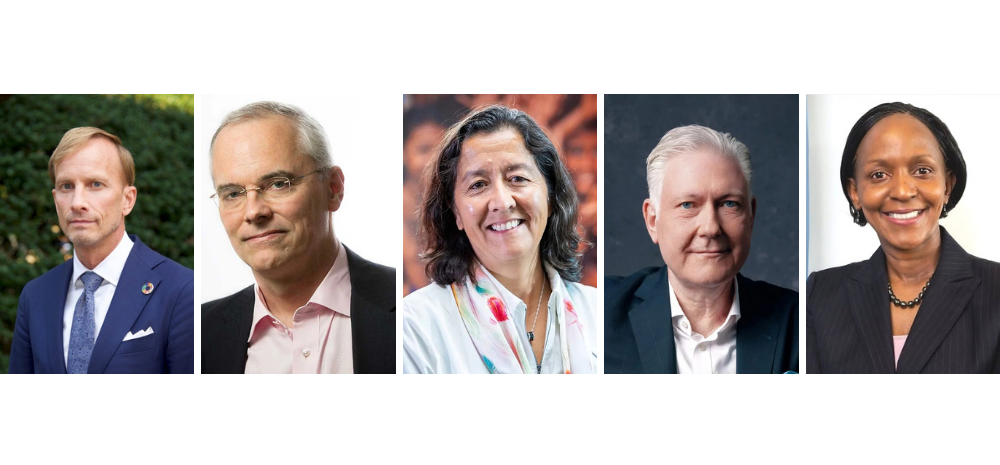 The five ED shortlist finalists (left to right): Mark Dybul, Richard Hatchett, Janti Soeripto, Lutz Hegemann, and Joyce Msuya.