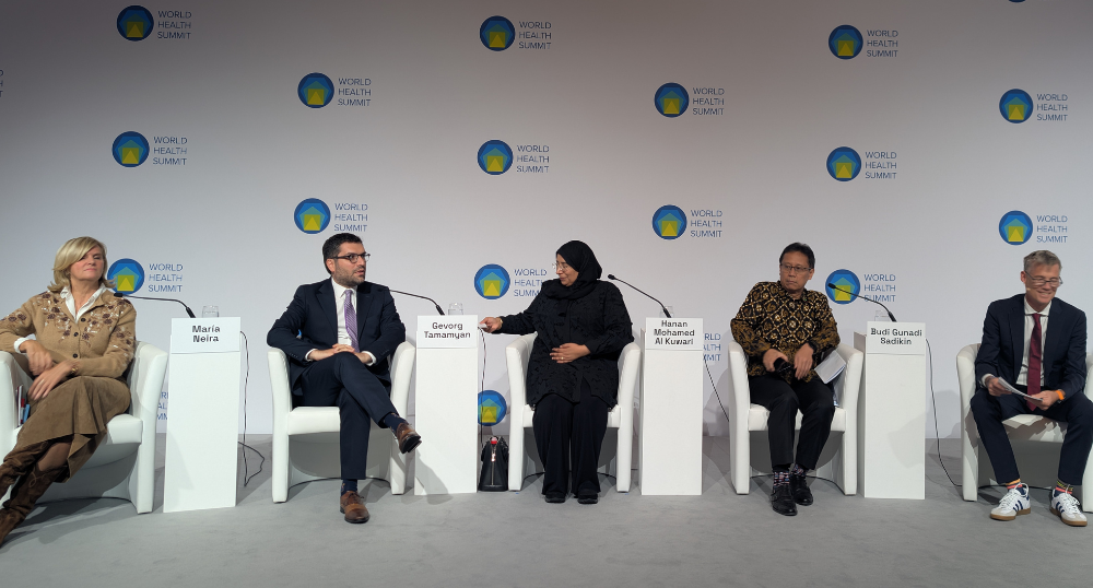 Calling for patient-centred WHO reform, Gevorg Tamamyan (second left) presents his vision in Berlin alongside fellow candidates María Neira, Hanan Al Kuwari, and Budi Sadikin.
