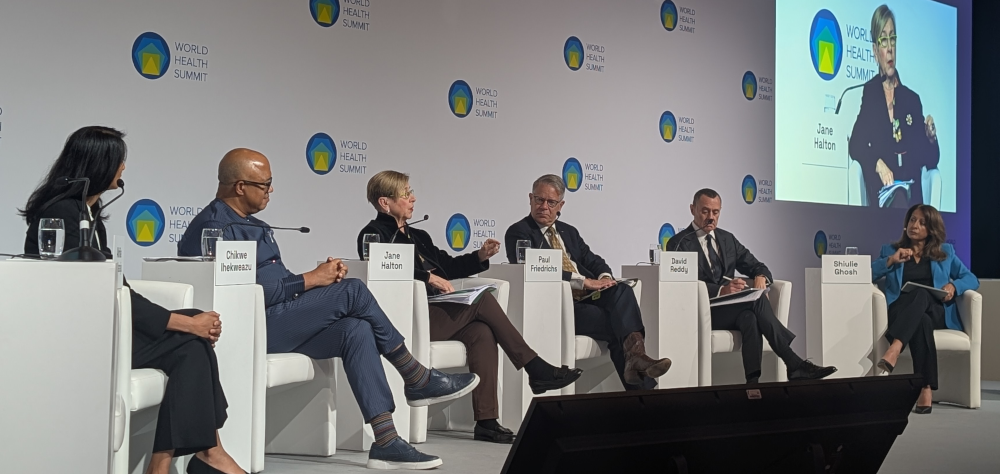 Panellists (left to right): Akila Kosaraju, Chikwe Ihekweazu, Jane Halton, Paul Friedrichs, David Reddy, and moderator Shiulie Ghosh speaking during a World Health Summit panel on global health security and biodefence.
